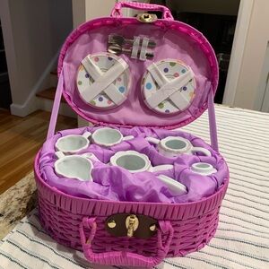 Pink Wicker Tea Set Basket